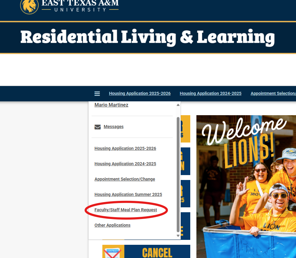 Photo in StarRez with menu and Faculty/Staff Meal Plan Request highlighted